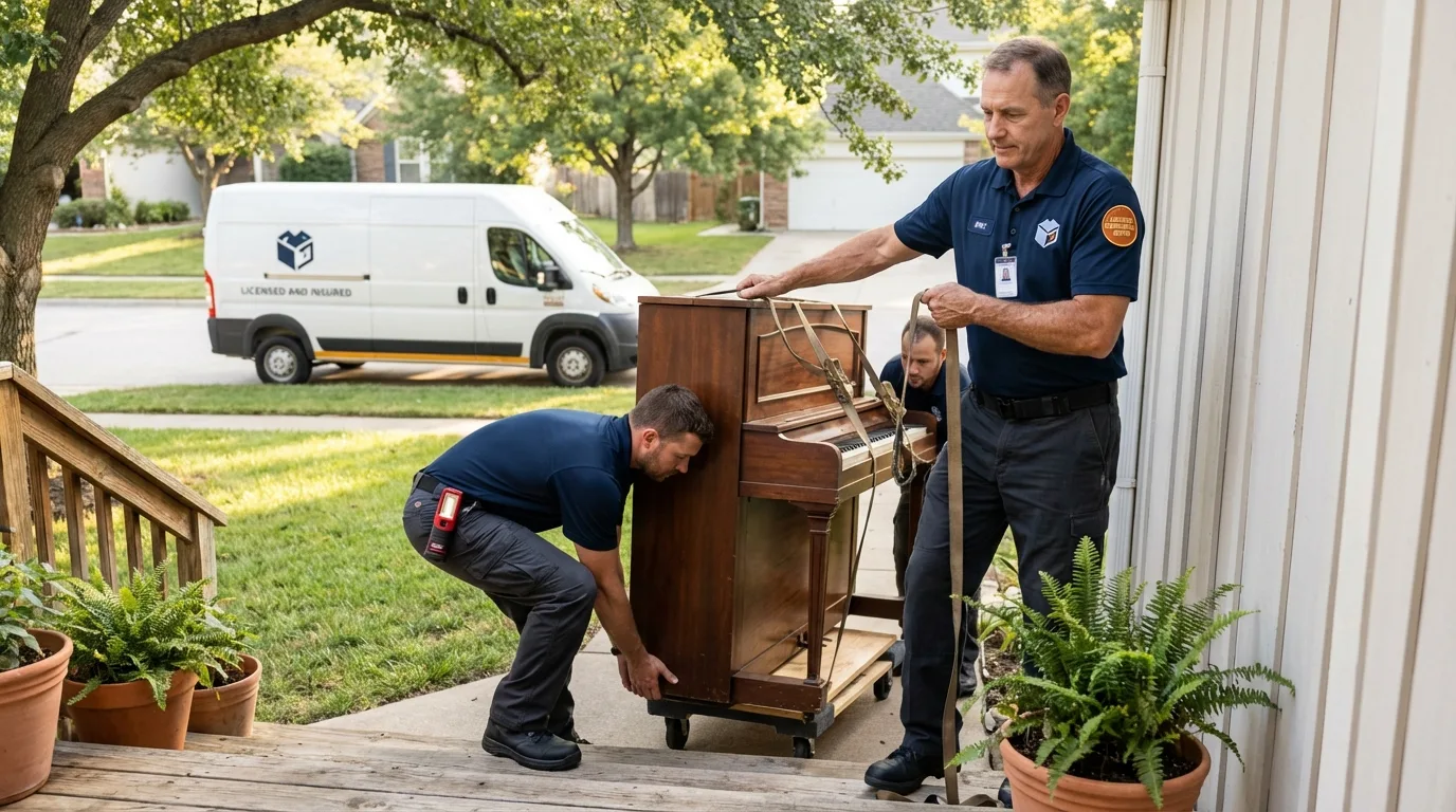 Licensed piano movers securing grand piano in Odessa, FL