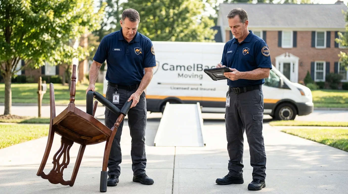 Movers inspecting furniture for damage prevention before loading in Odessa, FL